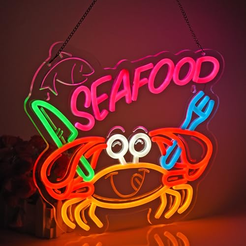 Image of Seafood Neon Sign, Neon Lights Hanging Wall Art Decoration for Restaurant Shop Market Mall Grocery Bar Celebration Home Decor, USB Powered Ultra Bright Dimmable, 14.96 * 12.6inches