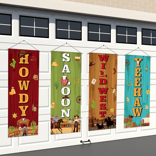 Image of Panelee 4 Pcs Western Cowboy Party Decorations Wild West Porch Banner Hanging Backdrop for Rodeo Cowboy Birthday Baby Shower Door Wall Indoor Outdoor Wedding Decor