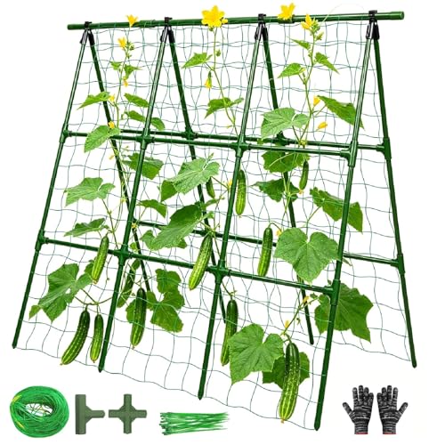 OTOSUNNY Cucumber Trellis for Raised Garden Bed A Frame Metal Plant Support with Netting Tomato Cage Green Bean Pea Pole Bean Vine Climbing Vegetable Trellis 50 x 48 in Green
