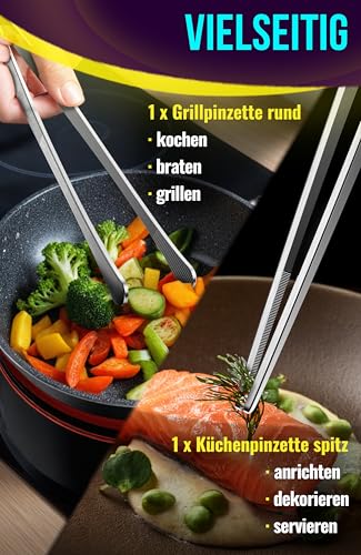 4happy Kochpinzette - 2 Stück Kochpinzette Edelstahl Set, runde Grillpinzette zum Kochen und Braten + spitze Küchenpinzette zum Dekorieren, Pinzette Küche 30 cm 3