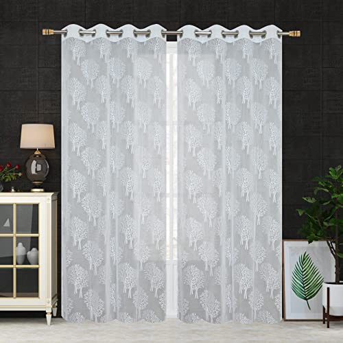 Image of Net Transparent Door Curtain Drapes 7Ft Set of 2 | Sheer Curtain Drapes for Living Room Bedroom Kitchen Balcony | Tissue Light Filtering Panels for Home Office, 4x7 Feet, White Tree