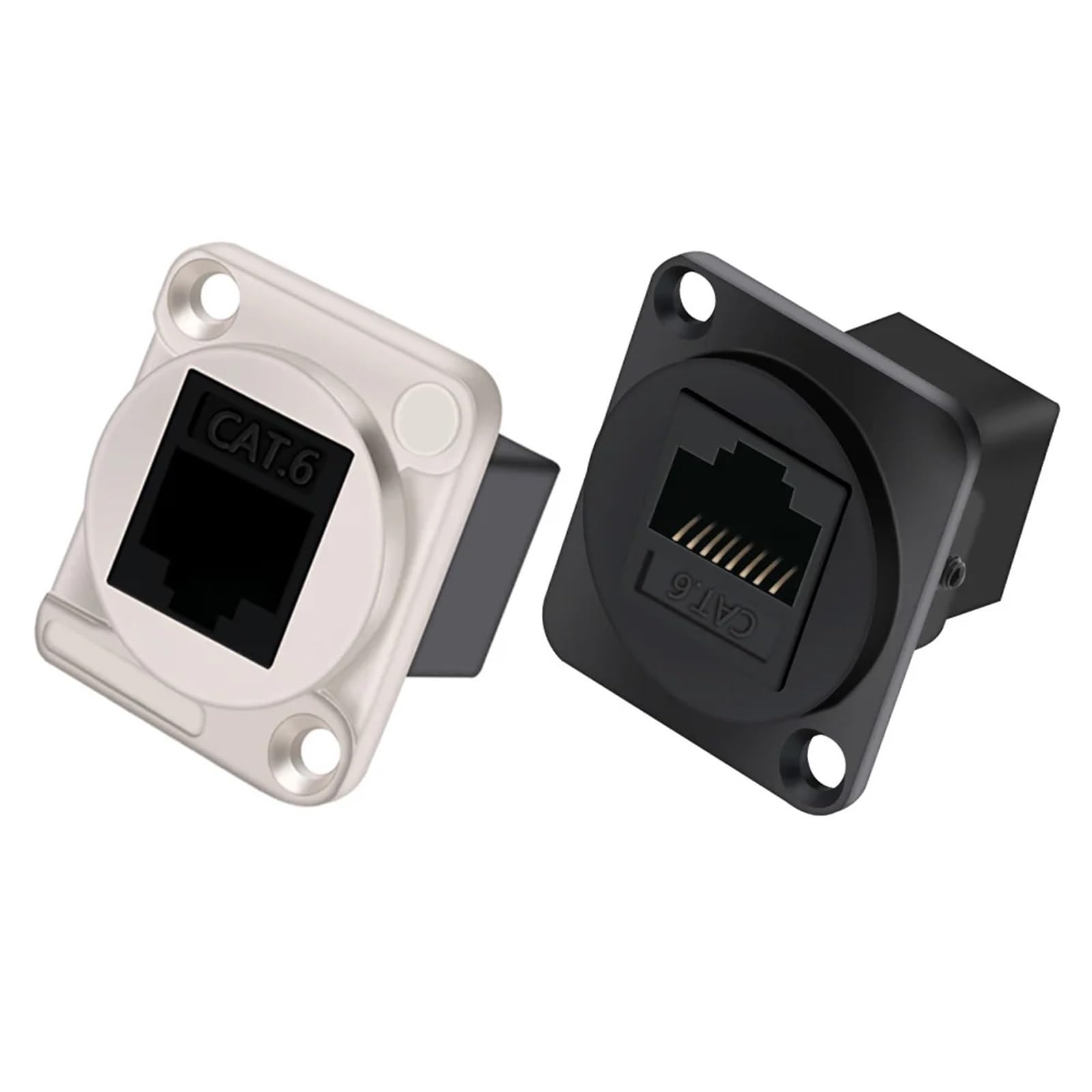 Złącze RJ45 CAT.6 typu D srebrne/czarne, metalowa powłoka, miedziane piny, montaż panelowy, podwozie, gniazdo RJ45, złącze sieciowe, 5 sztuk (A1023 4xBla 4xSil)