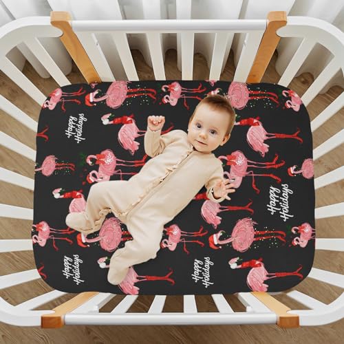 Image of Tropical Flamingo Christmas Crib Sheets Soft Breathable Fitted Baby Playard Sheets Mattress Cover for Girl Boys, 39 inch x 27 inch x 5 inch