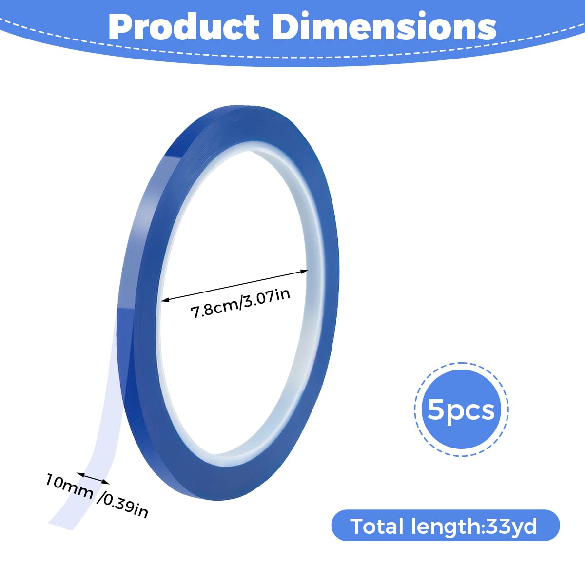 5 Rotoli Nastro in Poliammide 10 mm x 33 m Nastro Termico Sublimabile Senza Residui, Blu per Sublimazione Nastro Resistente, per la Mascheratura, la Saldatura, Schede di Sublimazione e Isolamento