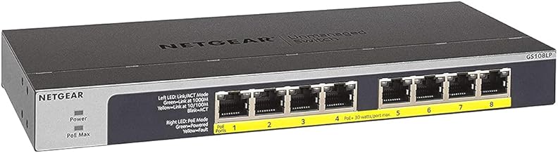 NETGEAR 8 Port PoE Switch (GS108LP) - Gigabit Ethernet Unmanaged Network Switch - with 8 x PoE+ @ 60 W Upgradeable - Desktop, Wall Mount or Rackmount - Limited Lifetime Protection
