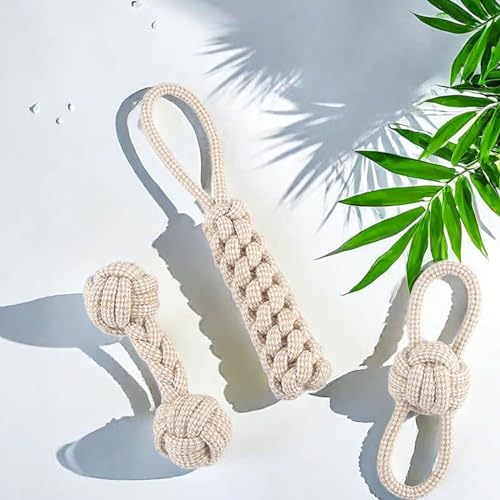 Bull Tiger Prestige 3 Stück Hundespielzeug Seil, Zerrspielzeug für Hunde aus Natürlicher Baumwolle, Interaktive Kauen Spielzeug mit Knoten Ball, Hundeseil Spielzeug für Mittelgroße Hunde kleine