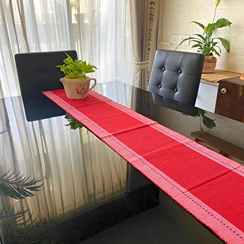 Image of Rangbhar Handloom Ribbed Cotton Table Runner for Living /Dining Room /Home Decor, Anti Skid, Reversible, Machine Washable, 12 X 72 inches, Striped, Red Pink