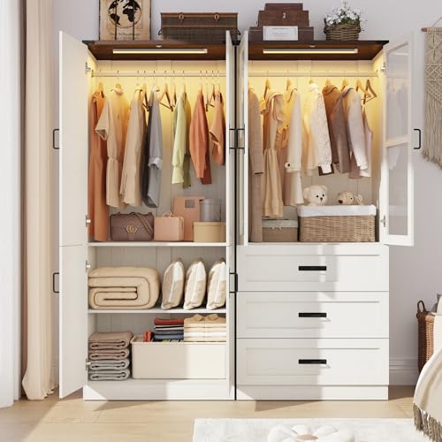 75' Tall Farmhouse 4 Doors Armoire Wardrobe Closet with 3 Drawers and LED,Freestanding Closet...