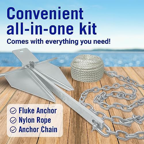 Image of Boat Anchor Kit with Rope and Chain, Heavy Duty Fluke Anchor for Boats | Hot Dip Galvanized Steel, Pontoon Sailboat Fishing Deck, Multiple Sizes, Better Boat