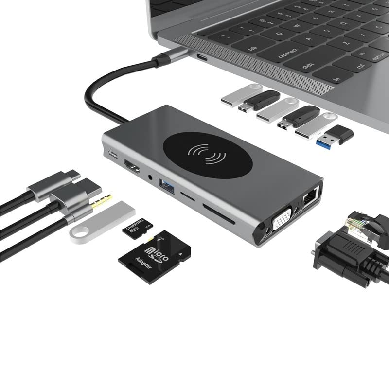 Hub USB C 15 w 1 koncentratory typu C z bezprzewodowym ładowaniem 4K HDMI adapter USB 3.0 SD/TF czytnik kart USB-C zasilanie 15 w 1