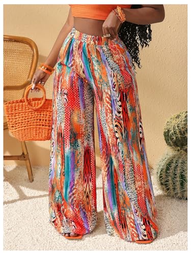 Women's Boho Printed Palazzo Pants Elastic High Waist Wide Leg Casual Trousers4