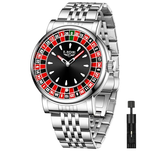 SACOSDING Mens Watches Unique Roulette Style Quartz Analog Watch 45MM Big Face Alloy Waterproof Glowing Watch for Men Stainless Steel Strap Casual Fashionable Mens Wrist Watches(Sliver)