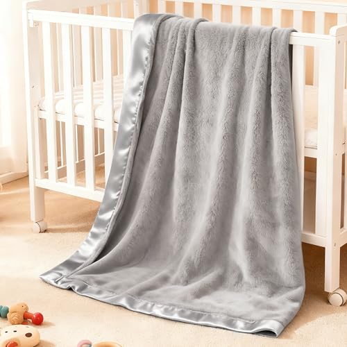 Image of Pro Goleem Fleece Baby Blanket with 2 Inch Satin Trim Soft Plush Blanket for Boys and Girls for Babies Grey,30''x40''