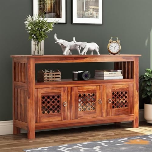Image of Amazon Brand - Solimo Solid Sheesham Wood Jharokha Sideboard Cabinet with 3 Doors & 1 Open Shelf | Multipurpose Wooden Storage Organizer for Living Room, Bedroom, Kitchen, Office (Honey Finish)