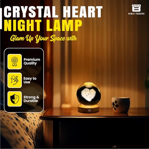 Image of 3D Love Heart Crystal Ball Night Lamp for Couple, Light Lamp with Wooden Base for Lovers, Mothers Day, Birthday (Love Heart)