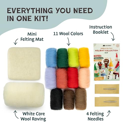 Image of Woolbuddy Needle Felting Kit for Beginners & Adults - Christmas Holiday DIY Felting Kit with Wool Roving, Felting Needles, Pad & Instructions - Felting Kits for Adults Christmas Crafts & Gifts