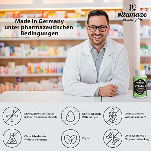 Vitamin K Komplex hochdosiert & vegan, K1 1.000 mcg + K2 Menaquinon (1.000 mcg MK4 + 200 mcg MK7), 120 Kapseln für 4 Monate, beste Bioverfügbarkeit, Made in Germany