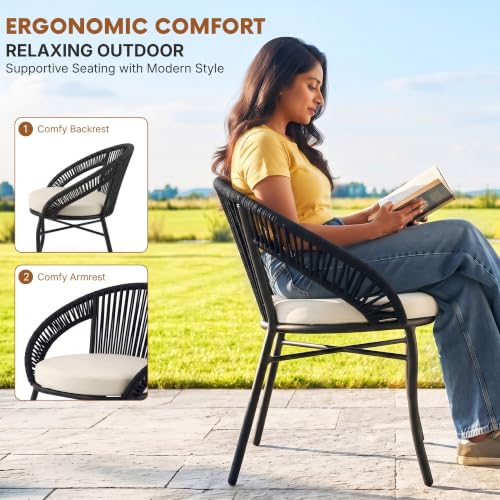 Image of DEVOKO Bliss 3 Piece Outdoor Patio Rope Conversation Set with Glass Top Table (Black /Off-White), Powder-Coated Metal Frame & Water-Resistant Cushions for Balcony, Garden, Terrace