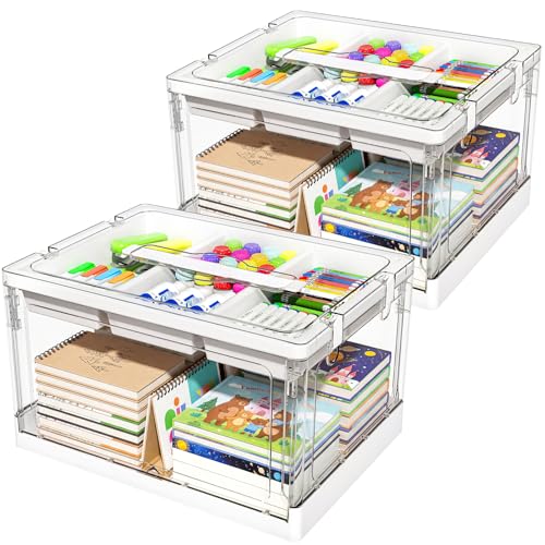 GeeBom 24QT 2Packs Clear Craft Organizers and Storage with Trays Art Supply Organizer and Storage Craft Storage Box with Lid for Beads Markers Coloring Books Sewing Playdoh and Tools