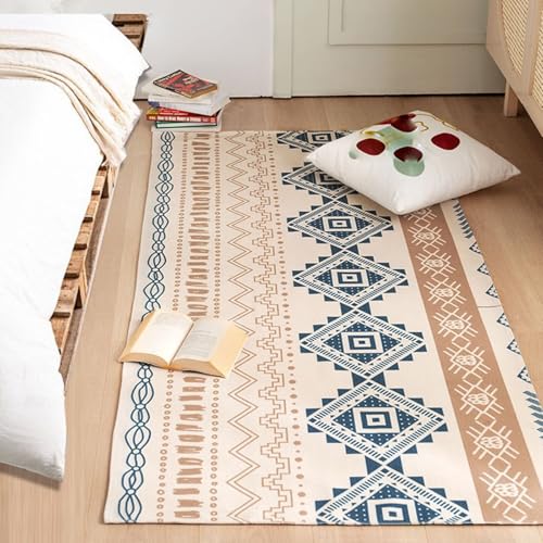ANAZOZ Alfombra Habitación 85 x 180 cm de Algodón Lino, Patrón de Geométrico, Caqui Azul, Alfombras de Pasillo Antideslizante