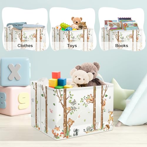 Image of Clastyle Woodland Nursery Animal Tree Baby Gift Storage Basket for Kid Room | Waterproof Large Dirty Clothes Book Gift Toy Organizer Bin, Nursery Playroom Bedroom Bathroom Shelf, Birch Tree Fox Bear