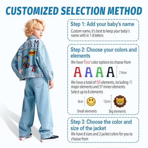 Personalized Kids Denim Jackets with Name Patches, Custom Boys Girls Jean Jackets for Ages 1-14, Stylish Outerwear for Children4