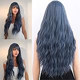 Netgo Blue Wigs, Long Curly Wig with Bangs for Women, Natural Looking Heat Resistant Long Mix Blue Wavy Wig for Girls Ladies Cosplay Party Daily Wear