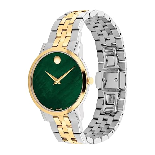 Image of Movado Museum Classic Swiss Qtz Green Mother of Pearl Dial Women's Watch|Stainless Steel & Yellow Pvd Material|Silver Color Band - 0607631
