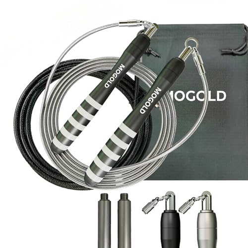 MOGOLD DIY Adjustable Weight Jump Rope (0.4LB /1/2LB/0.7LB /0.8LB) Interchangeable 2mm & 5mm Cable for CrossFit, Double Unders, HIIT Workouts - Fast Clamp System, 10ft Adjustable