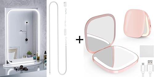 Paquete de luz blanca regulable de 6000 K con espejo de maquillaje compacto portátil con luces y aumento
