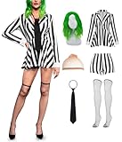 ALIREVERIE Women Halloween Spooky Slim Fit Jacket Creepy Top Vertical Striped Beetlejuuie Black White Costume Set 6 Piece S