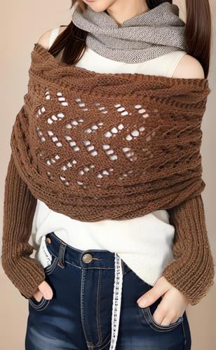 Women's Multifunctional Scarf with Sleeves Knitted Cable Wrap Boho Crochet Cocoon Shrug Sweater Scarf with Sleeves2