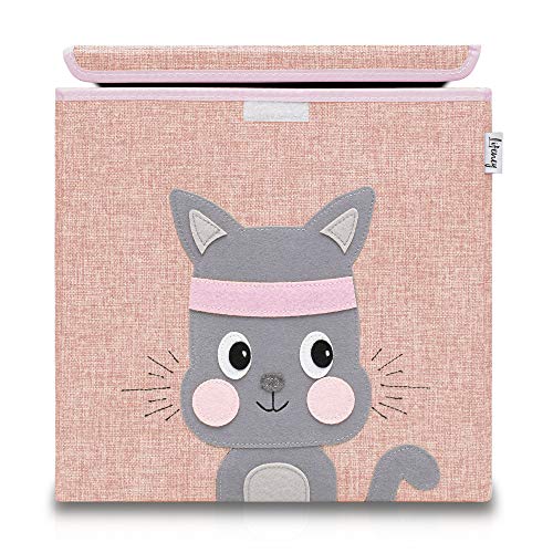 Lifeney portagiochi bambini con coperchio | Pratico contenitore per mettere in ordine ogni cameretta | contenitore giochi bambini | porta giochi bambini contenitori (rosa gatto)