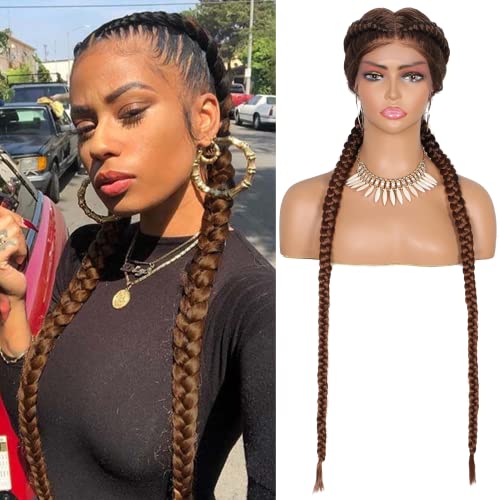 Olymei 36 Inches Lace Front Braided Wigs Black Cornrow Braided Wigs with Baby Hair Synthetic Lace Frontal Dutch Braided Wigs for Women (Ombre Light Brown)