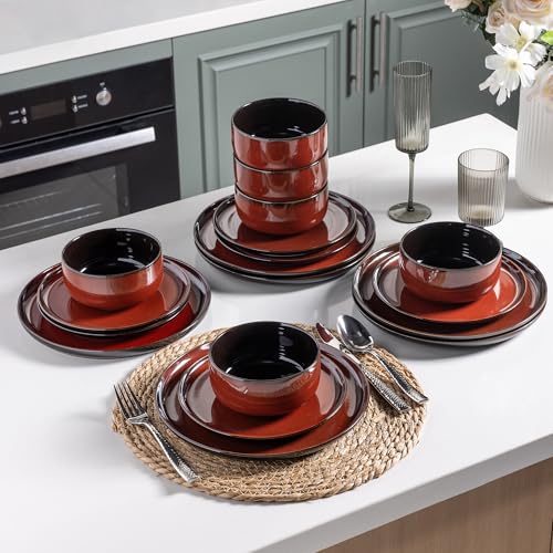 Image of LeRatio Ceramic Dinnerware Sets for 6,Porcelain Plates and Bowls Sets,Handmade Reactive Glaze Dishes Set,Chip Resistant and Scratch Resistant | Oven&Dishwasher & Microwave Safe-Red(18PCS)