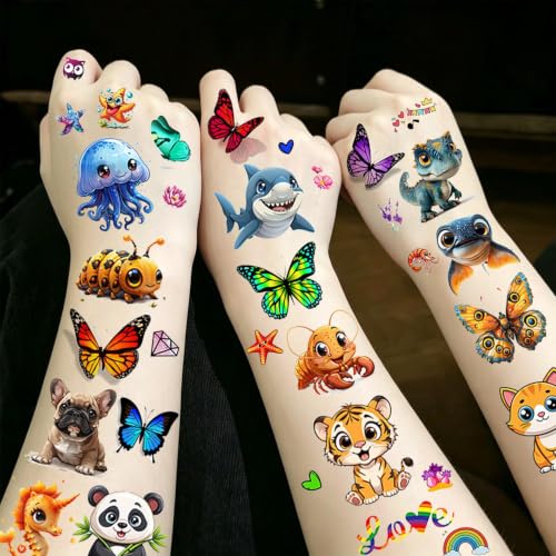 Image of 300+ PCS 40 Sheets Cartoon Temporary Tattoos For Kids Boys Girls Child Children Tattoo Sticker Birthday Party Favor Supplies, Funny Animals Unicorn Dinosaur Fake Tattoos Party Decoration Accessories