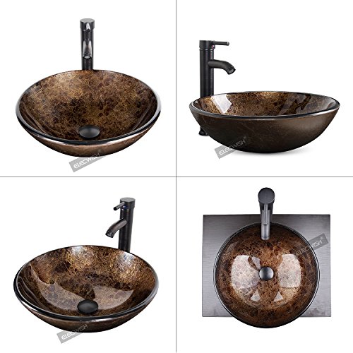 Elecwish Bathroom Vessel Sink With Faucet Mounting Ring And Pop Up Drain 16.5 Inch Tempered Glass Basin (Brown) #TOP1