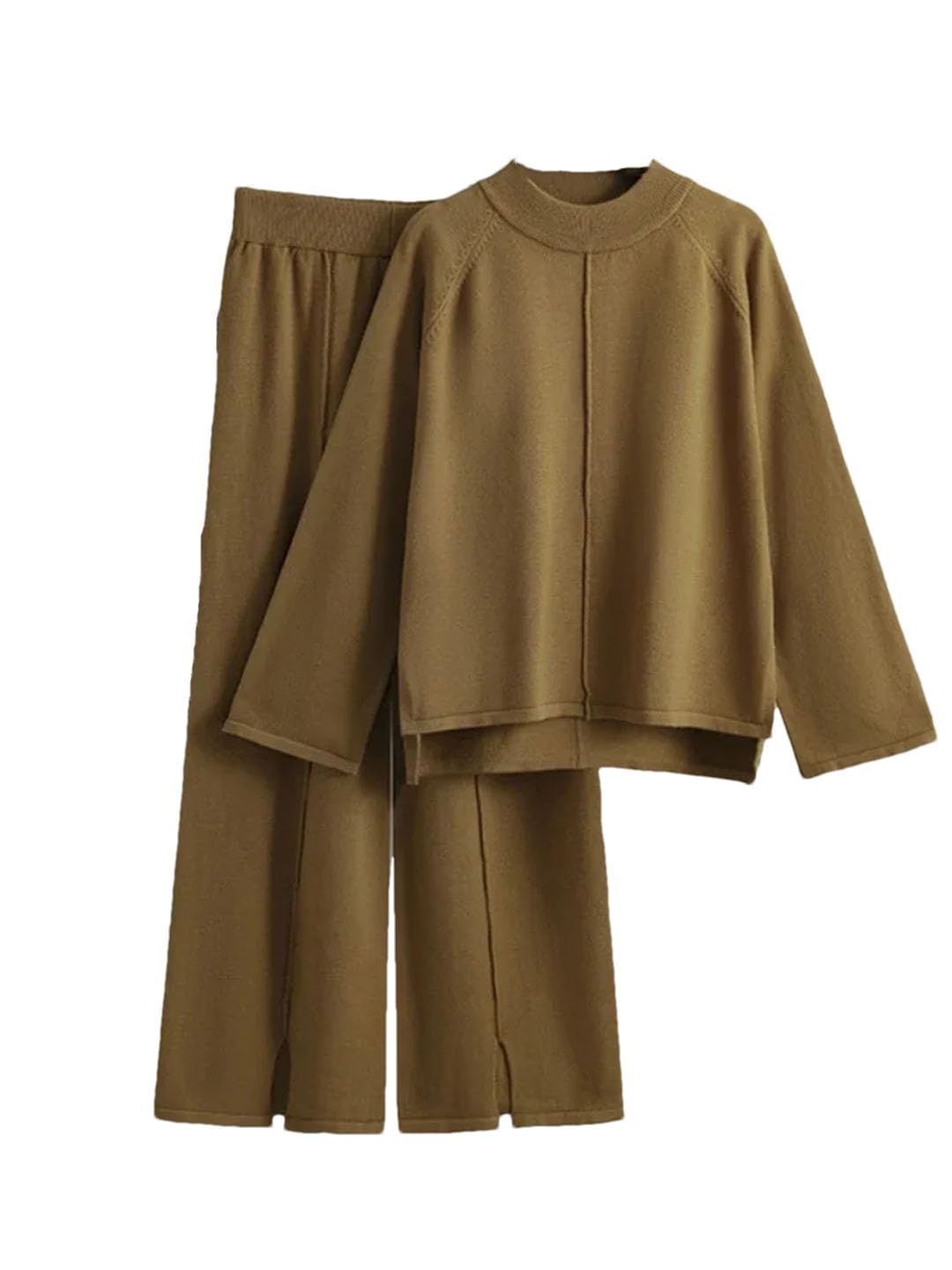 Ensemble de 2 pièces pour femme - Survêtement tricoté - Col rond - Pantalon à jambes larges - Ensemble deux pièces