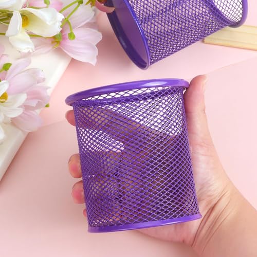 Image of Metal Mesh Pen Stand for Office & Home Desk | Black Stationery Holder Organizer for Pens, Pencils, Markers, Makeup Brushes | Durable Round Wire Mesh Pen Stand (Pack of 1) (purple)
