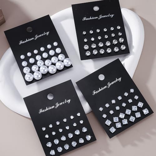 KISS WIFE Silver Stud Earrings Set for Women, Round Square Triangle Teardrop Shapes Pearl Clear Cubic Zirconia Stones Earring Packs Fashion Jewelry for Daily Wear Party Gift2