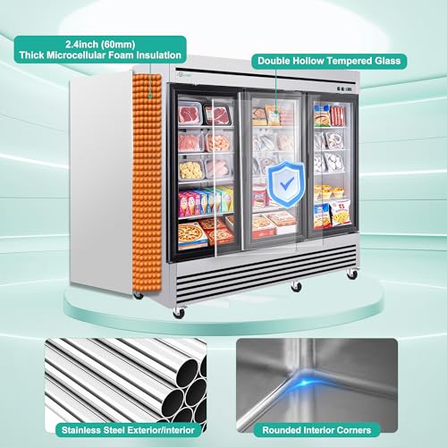 Image of 81 inch Commercial Freezer, 72 Cu.Ft Upright Freezer with 3 Glass Door, -8℉~0℉, Stainless Steel Reach-in Freezer, Fan Cooling Freezer with 12 Shelves for Garage Restaurant Bar, ETL and DOE Approved