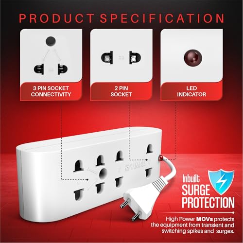 Image of Vimal Wiring Devices Yatra 2 Pin Extension Cord 1.3Mtr. with Surge Protector and Indicator,240Volts,White