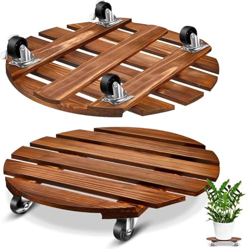 KAHEIGN 2 Piezas Soporte de Madera para Plantas con Ruedas, 30CM Plataforma Redondo para Plantas Base Carretilla para Plantas con Ruedas Metálicas Bloqueables para Interior Exterior Jardín Maceta