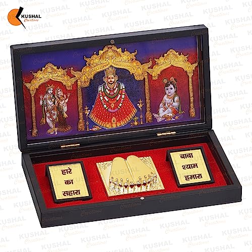 Image of 24K Gold Plated Religious Frame Photo Frame with Charan Paduka Return Gifts for Home Puja Office (Khatu Shayam JI)