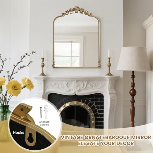 Image of WallBeyond Gold Antique Mirror for Vanity 28x36 Inch, Gold Vintage Mirror with Ornate Frame, Arched Vintage Wall for Bathroom, Living Room, Fireplace