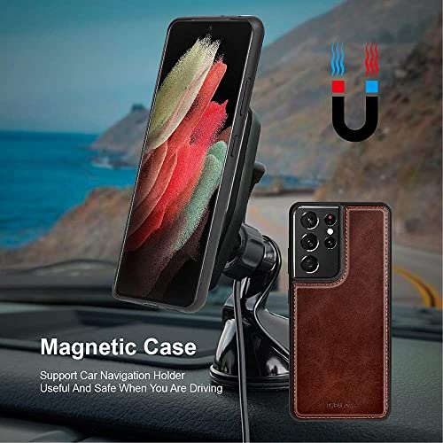 Image of PULOKA - Detachable Flip Case 2 in 1 Flip Cover for Samsung S24 - Protective Case with Card & Cash Pockets - Kickstand & Magnetic Closure -Vegan Leather - Profesional & Premium Finish -Brown