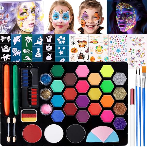 Janolia Kit de Maquillaje Facial Para Niños, 25 Colores de Pintura Corporal, Pintura Facial Para Carnaval, Pintura Cara Niños Hipoalergenica, Maquillaje Infantil Face Paint Halloween Fiesta Carnaval