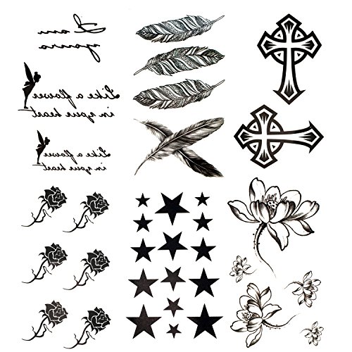 Antop Black Feather Rose Flower Star Cross Waterproof Temporary Tattoos 6 Sheets