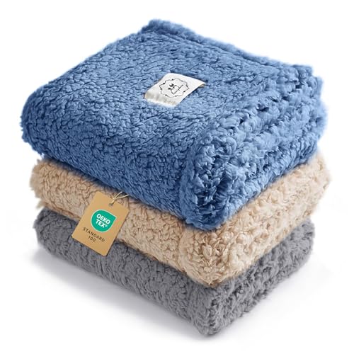 Image of Luciphia 1 Pack 3 Calming Dog Blanket Fluffy Premium Fleece Pet Blankets Soft Sherpa Throw for Dogs Puppy Cat Grey /Beige /HazeBlue Small (23 inch x16 inch)