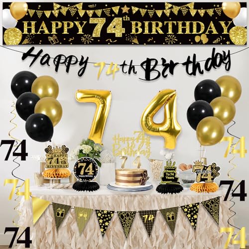 Image of 74th Birthday Decorations for Men, Black Gold 74th Party Decoration Kits | 27pcs Happy 74th Birthday Set, Banner, Honeycomb, Balloons, Gold Number, Candle, Hanging Swirls, Cake Topper, Party Supplies
